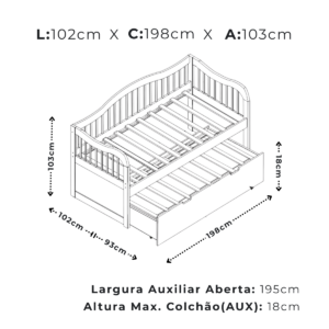 Bicama em madeira maciça Rubi Dimensões